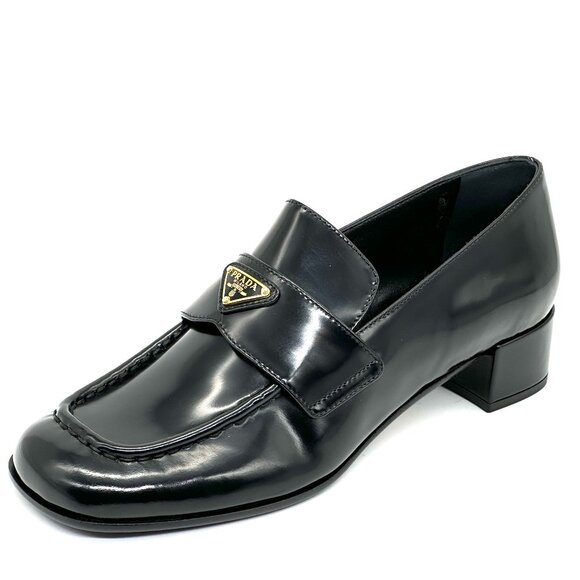 Prada Shoes - PRADA 35 Triangle Logo Leather Pumps Heels Loafers Shoes Black